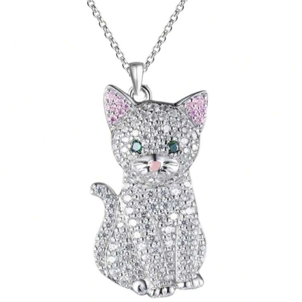 Silver Tone Rhinestone Cat Necklace - Picture 2 of 3